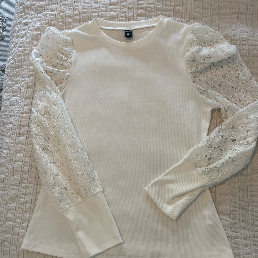 White Lace Sleeve Ribbed Bodycon Top